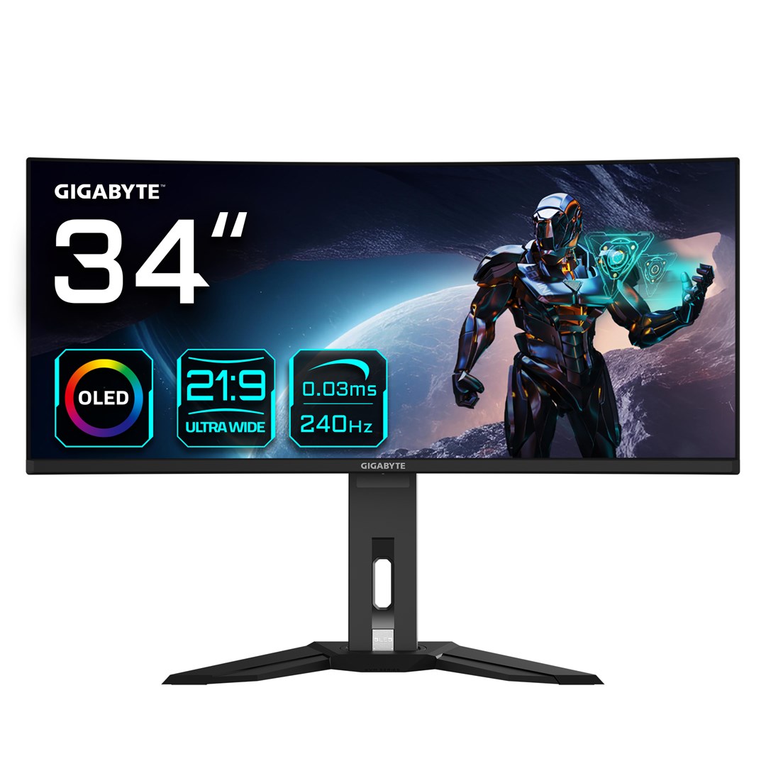 Monitor OLED Curved Gaming GIGABYTE MO34WQC2, 34" (86.4 cm), WQHD (3440 x 1440), 240Hz, 0.03ms, KVM, 250 cd/m², FreeSync Premium Pro, DisplayHDR True Black 400, HDMI 2.1, DisplayPort 1.4